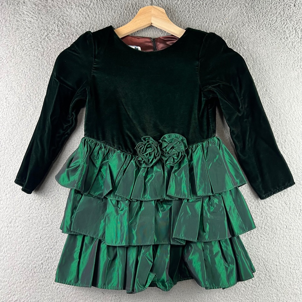 Vintage Gunne Sax Green Velvet Tiered Ruffle Holiday Party Dress Kids Girls 5